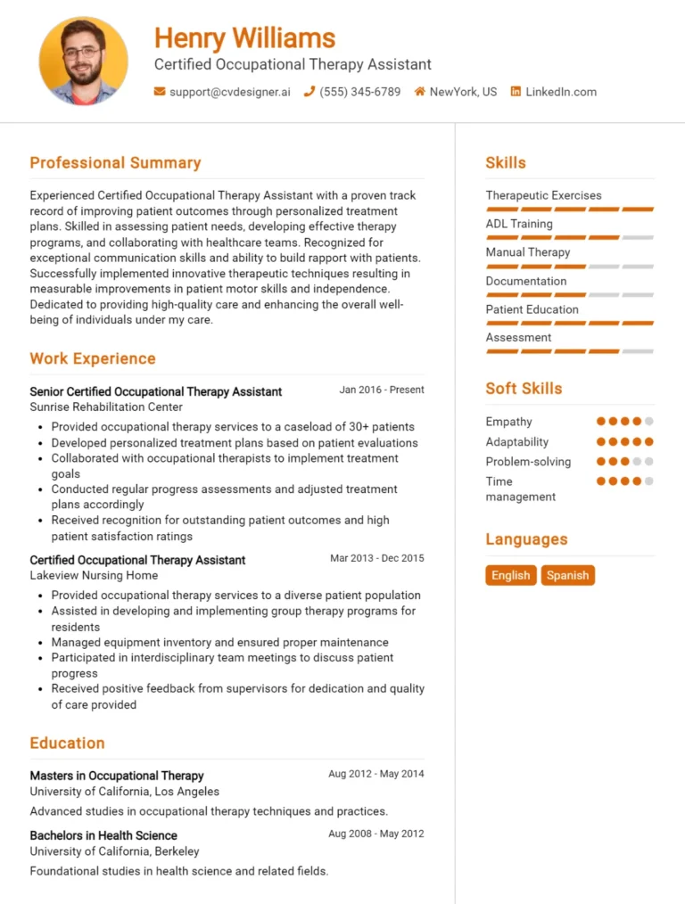 Certified Occupational Therapy Assistant CV Example For 2025: Best Writing Guide