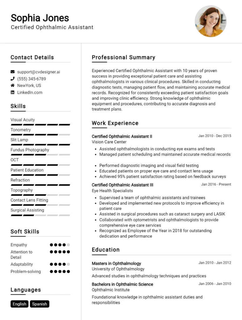 Certified Ophthalmic Assistant CV Example