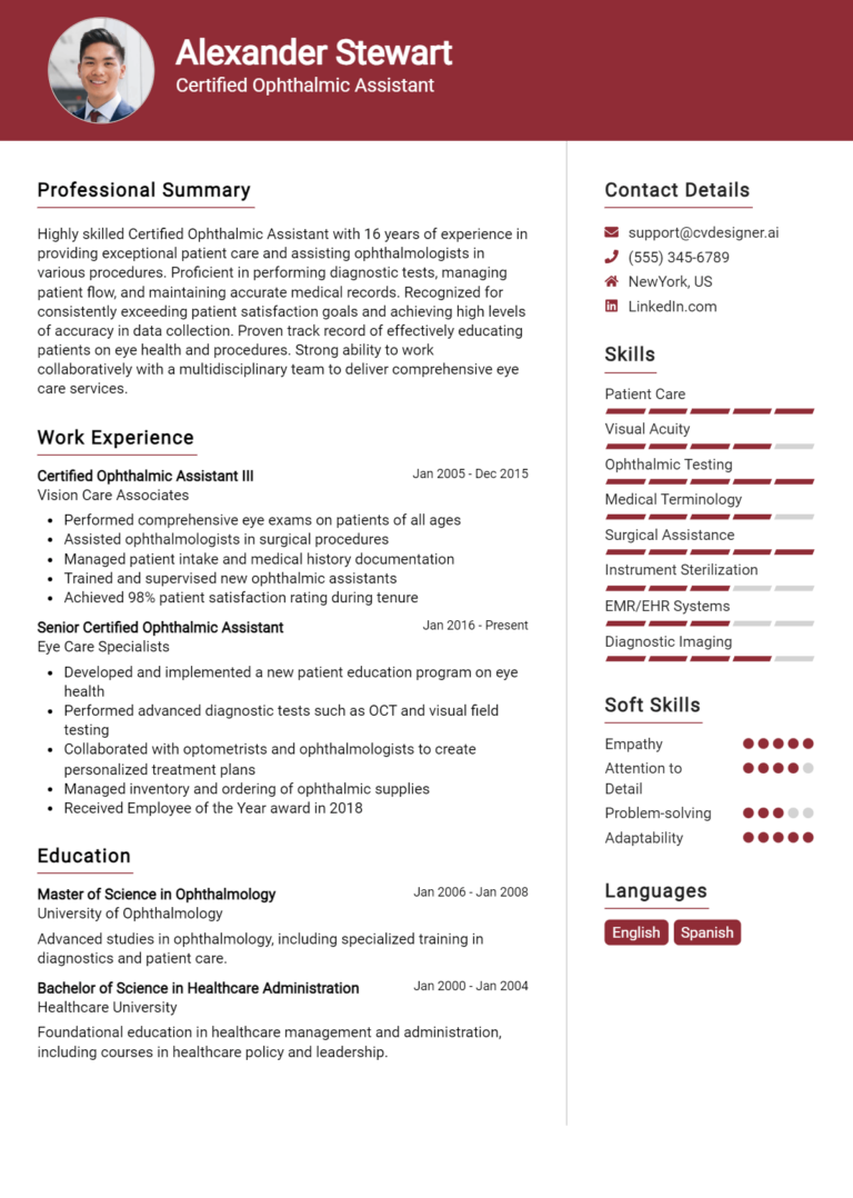 Certified Ophthalmic Assistant Resume Example for 2025: Free Professional Templates
