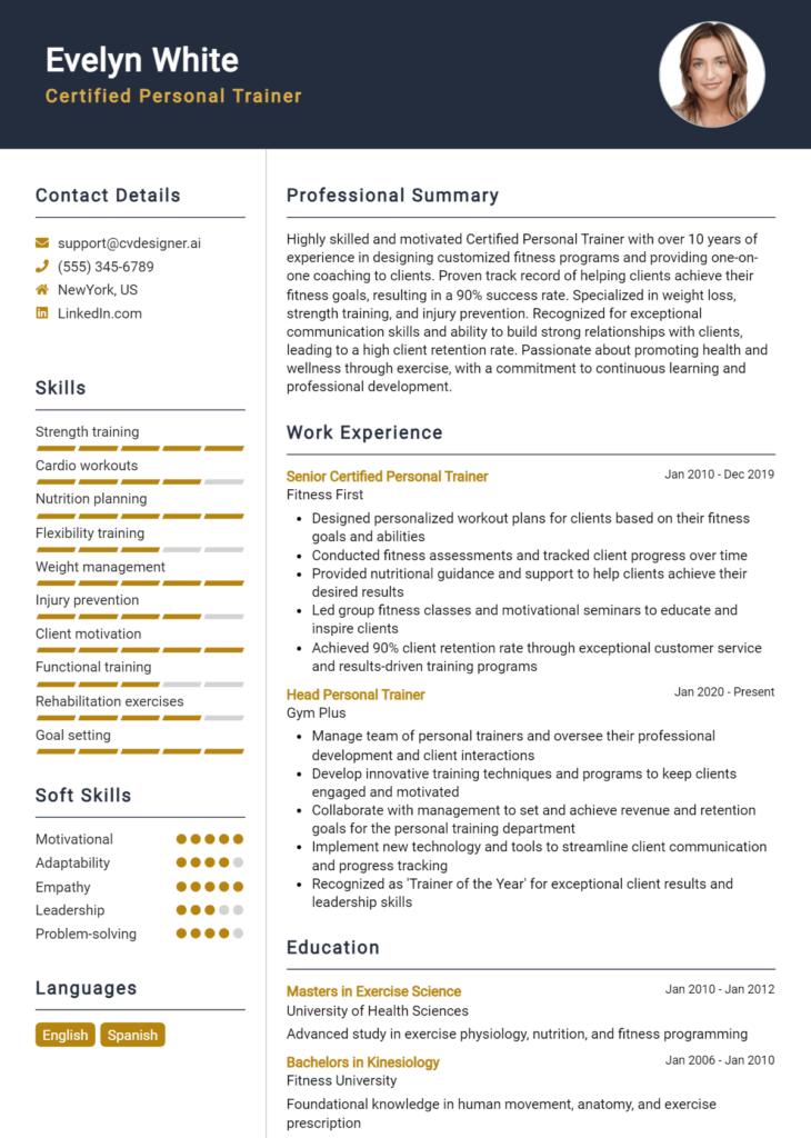 Certified Personal Trainer Resume Example for 2024: Best Formatting ...