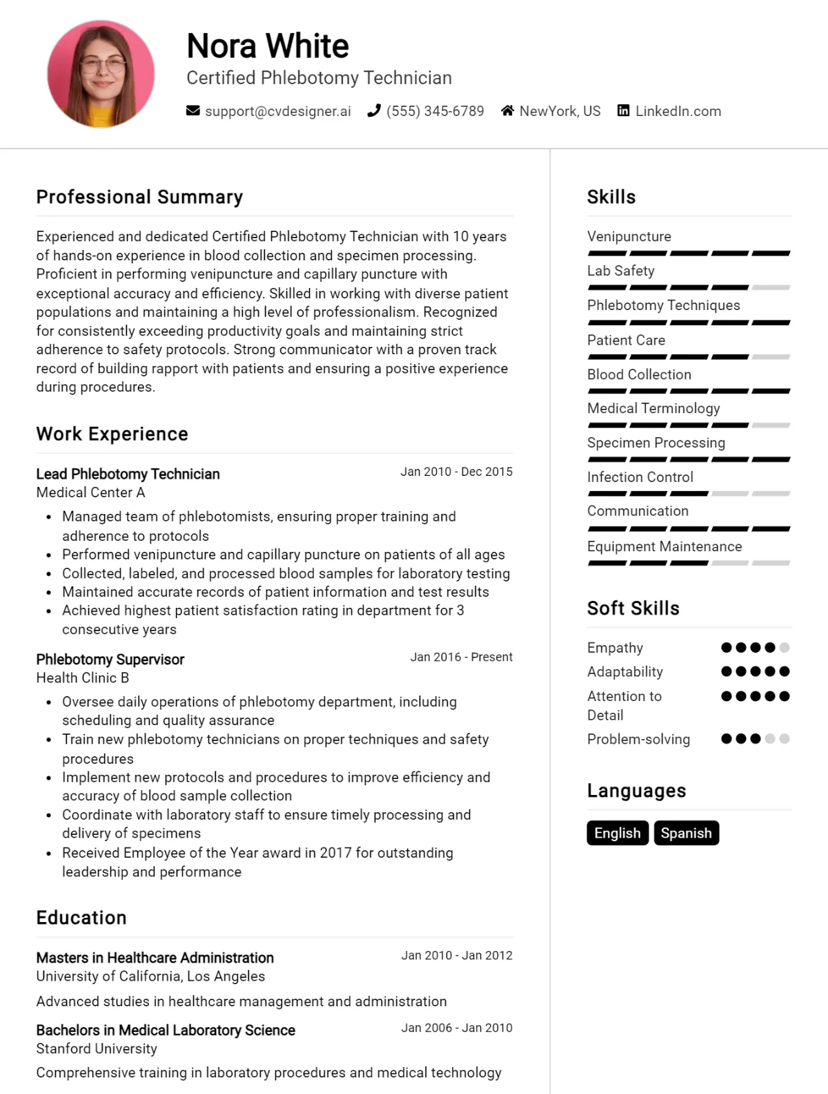 Certified Phlebotomy Technician CV Example
