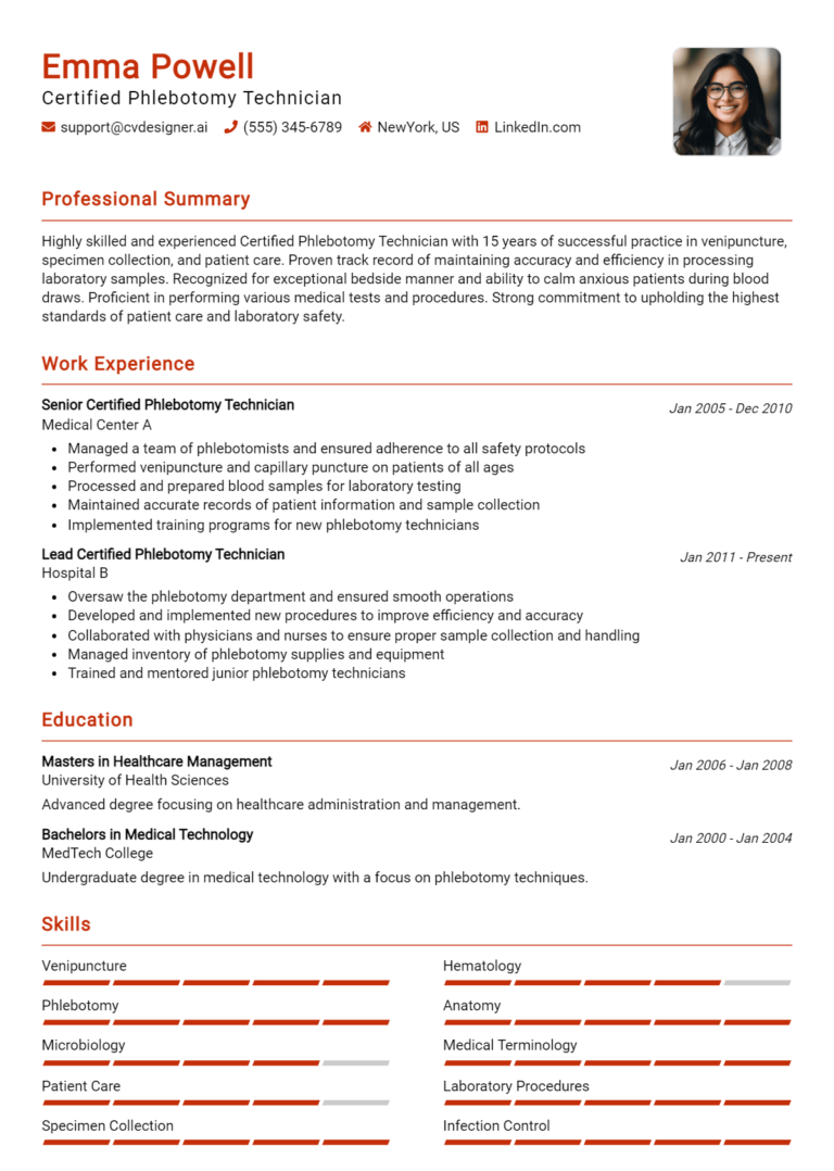 Certified Phlebotomy Technician Resume Example for 2025: Proven Tips & Templates
