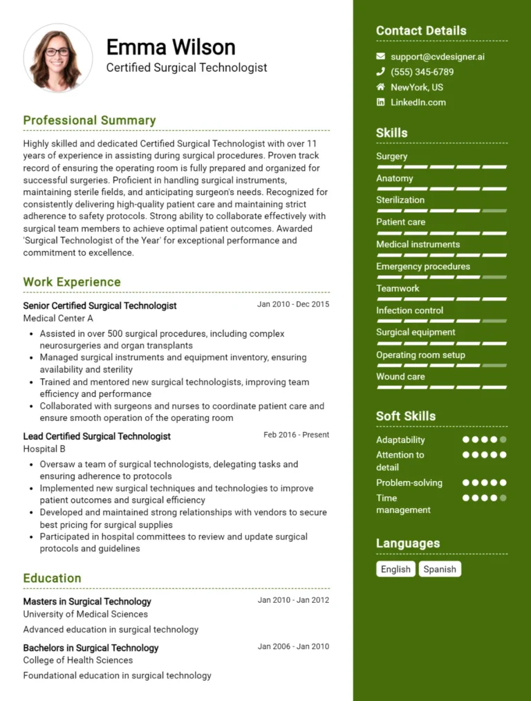 Certified Surgical Technologist CV Example For 2025: Tips to Stand Out