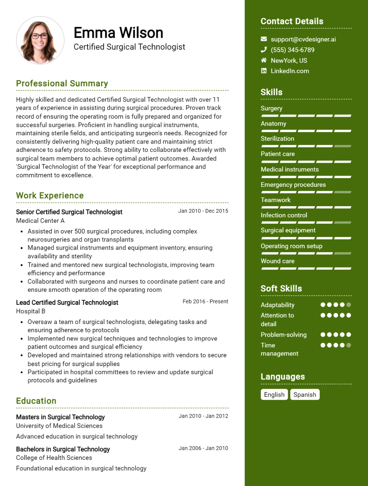 Certified Surgical Technologist CV Example