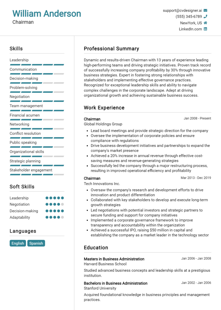 Chairman Resume Example for 2025: Ultimate Guide