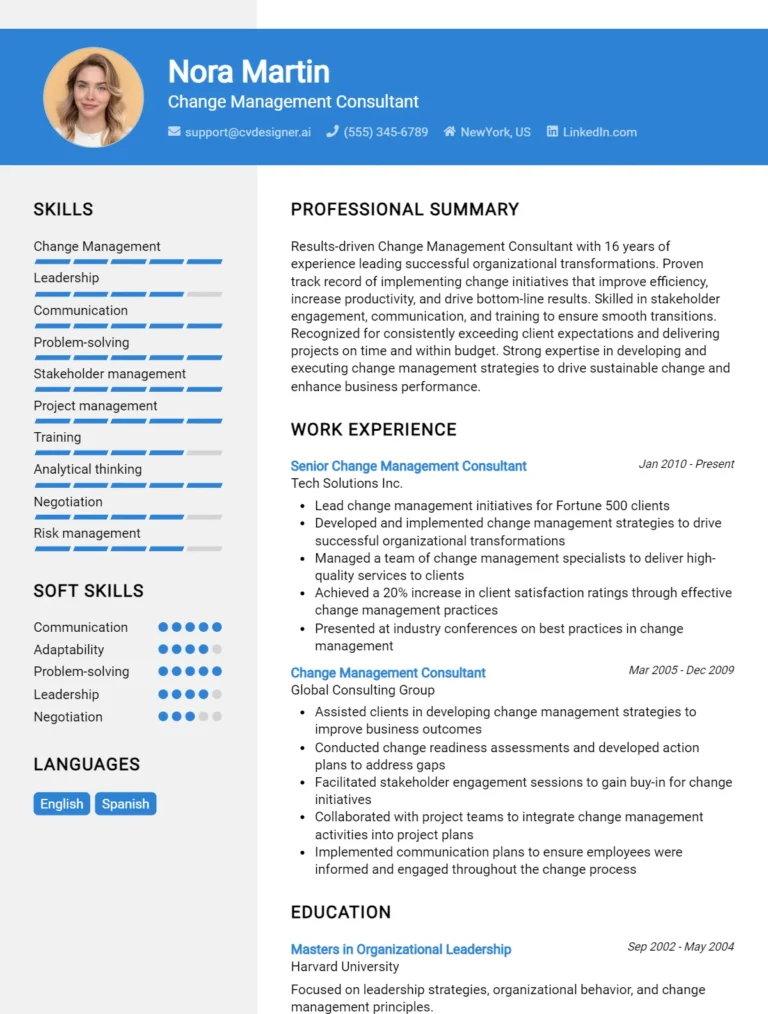Change Management Consultant CV Example For 2025: Ultimate Guide