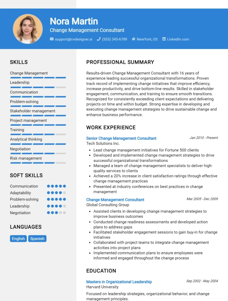 Change Management Consultant CV Example