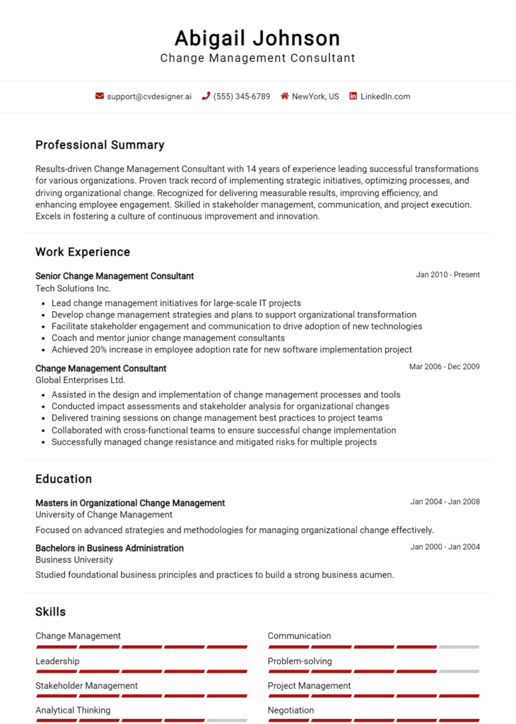 Change Management Consultant Resume Example