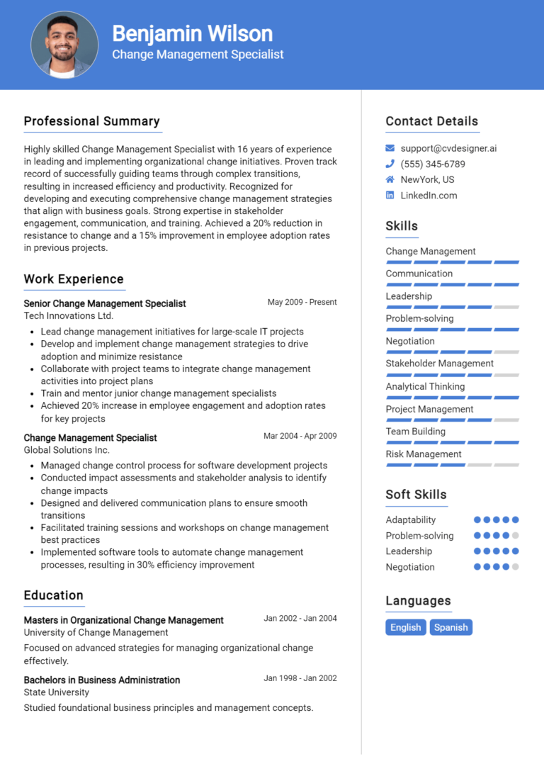 Change Management Specialist Resume Example for 2025: Best Tips