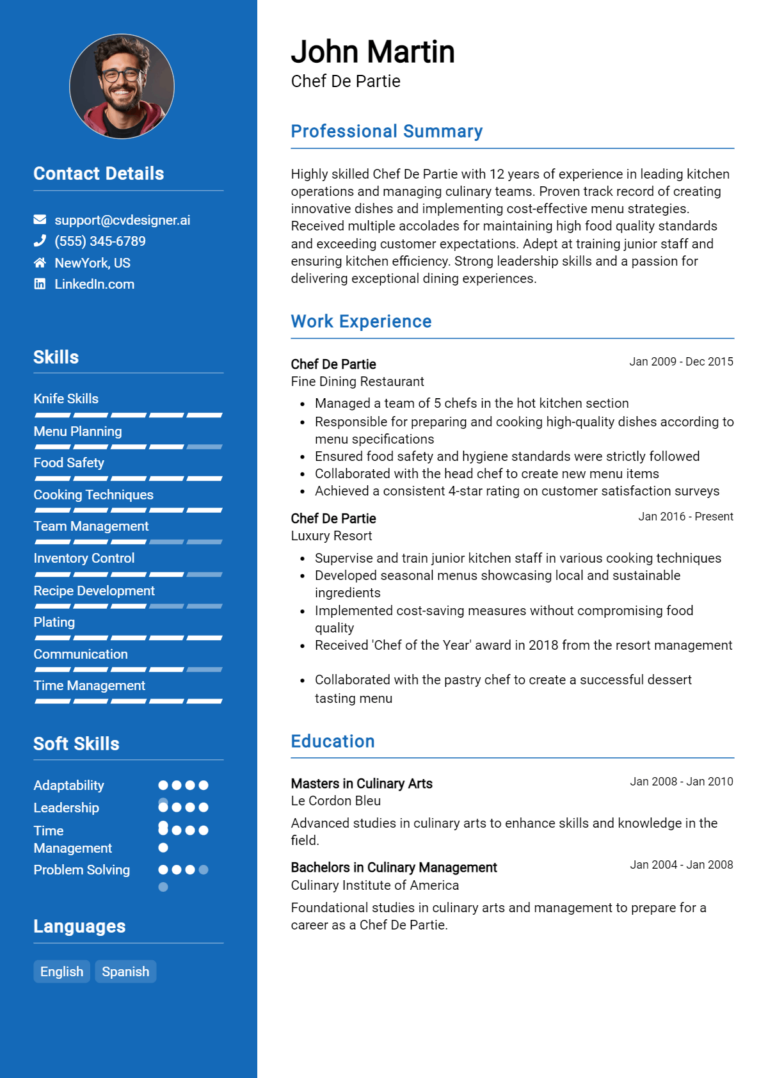 Chef De Partie Resume Example for 2025: How to Create a Professional CV