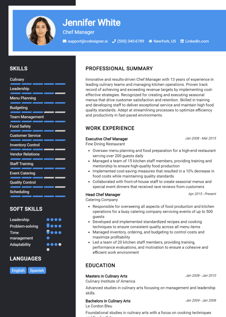 Chef Manager Resume Example for 2024: Top CV Skills - CVDesigner.ai