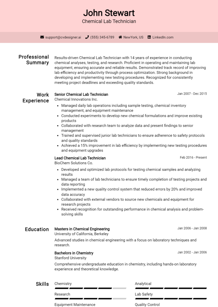Chemical Lab Technician Resume Example for 2025: Strategies & Templates