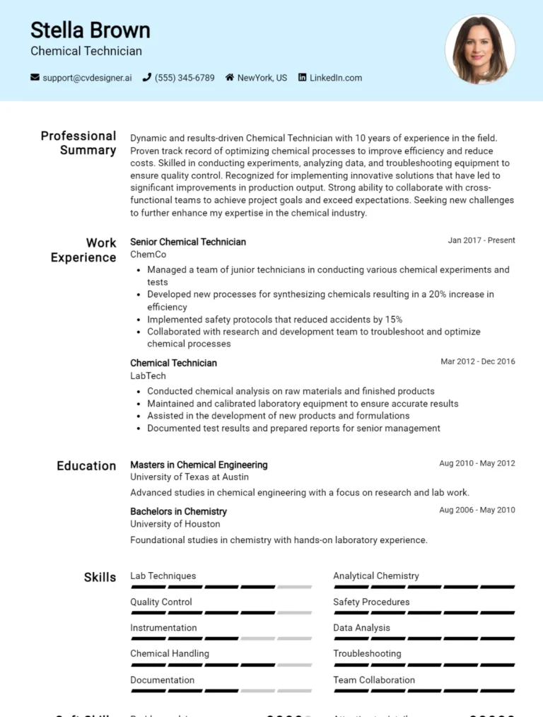 Chemical Technician CV Example For 2025: Professional CV Templates