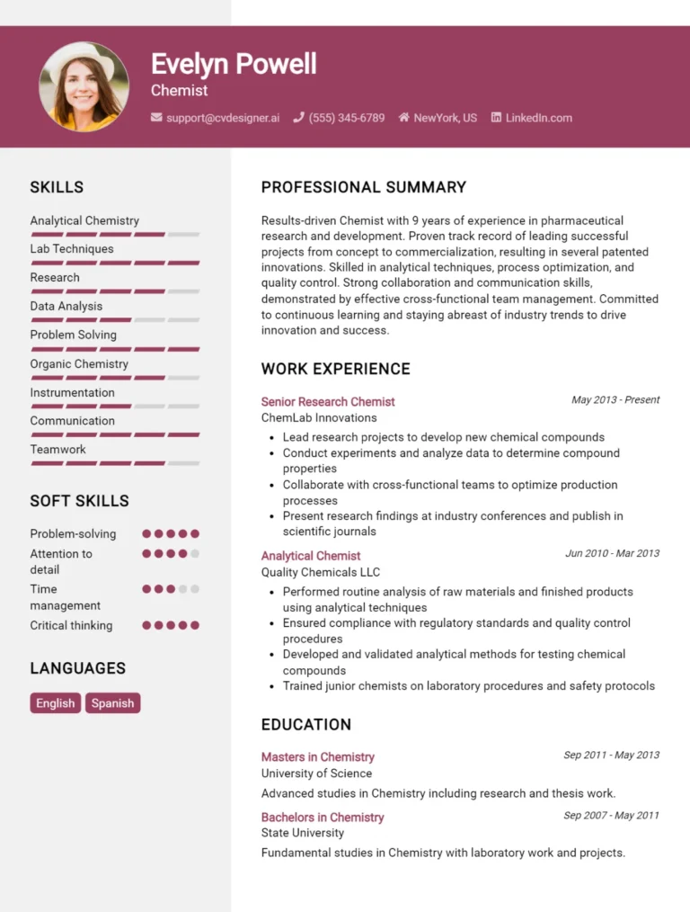 Chemist CV Example For 2025: Tips & Templates