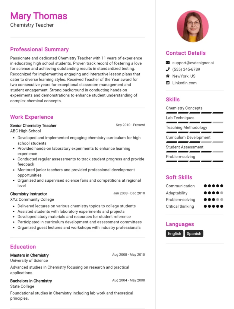 Chemistry Teacher CV Example