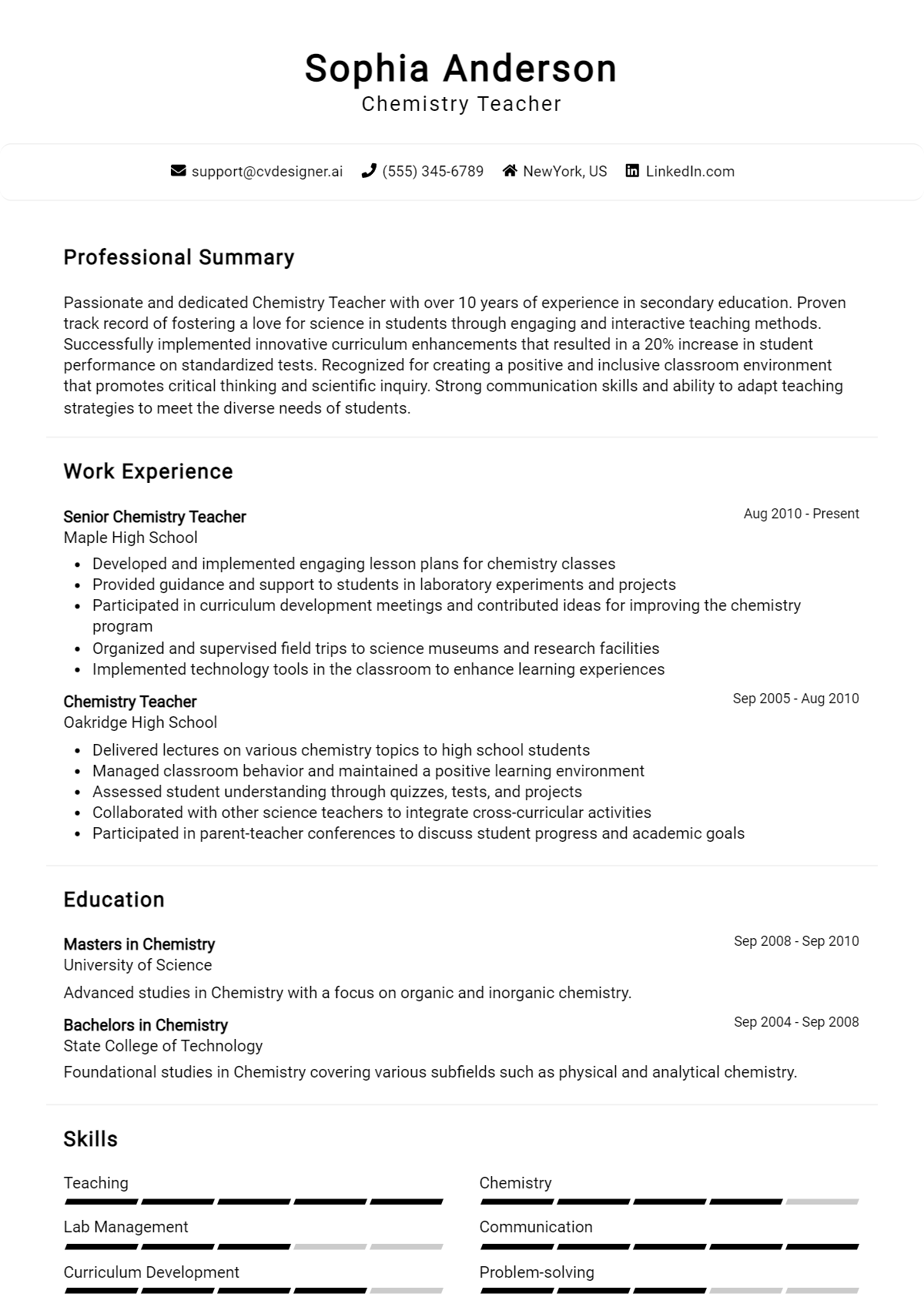 Chemistry Teacher Resume Example