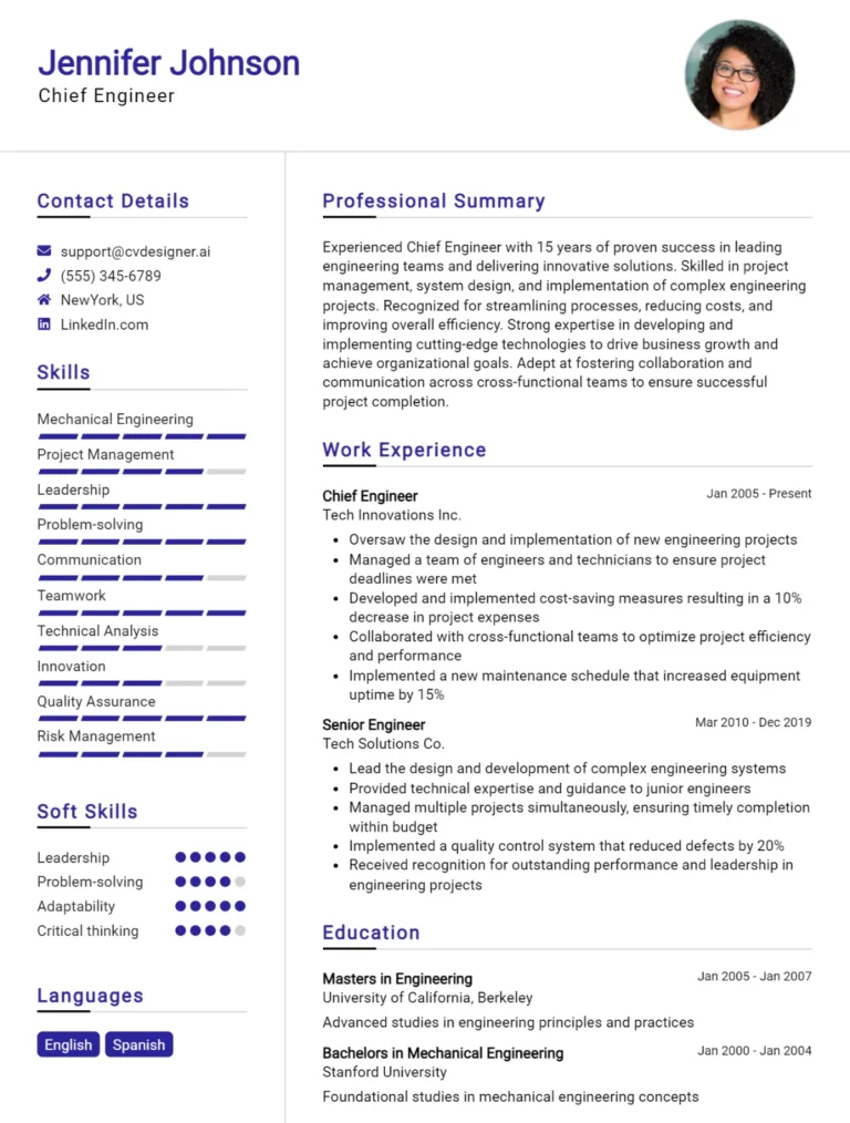 Chief Engineer CV Example For 2025: Expert Tips & Templates