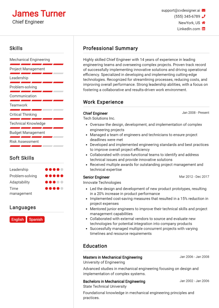 Chief Engineer Resume Example