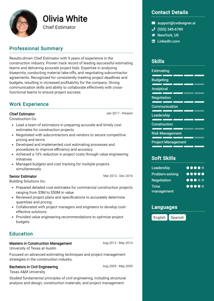 Chief Estimator Resume Example for 2024: Free Professional Templates ...