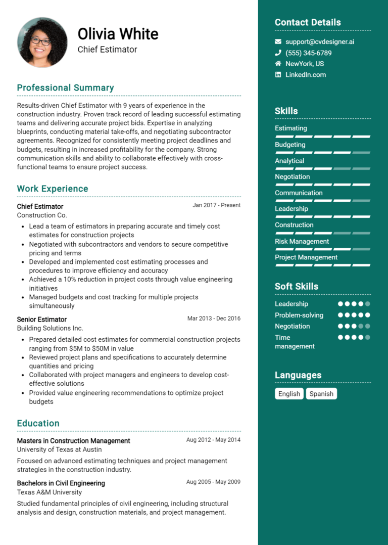 Chief Estimator Resume Example for 2025: Free Professional Templates