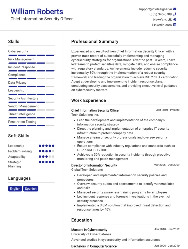 Chief Information Security Officer CV Example