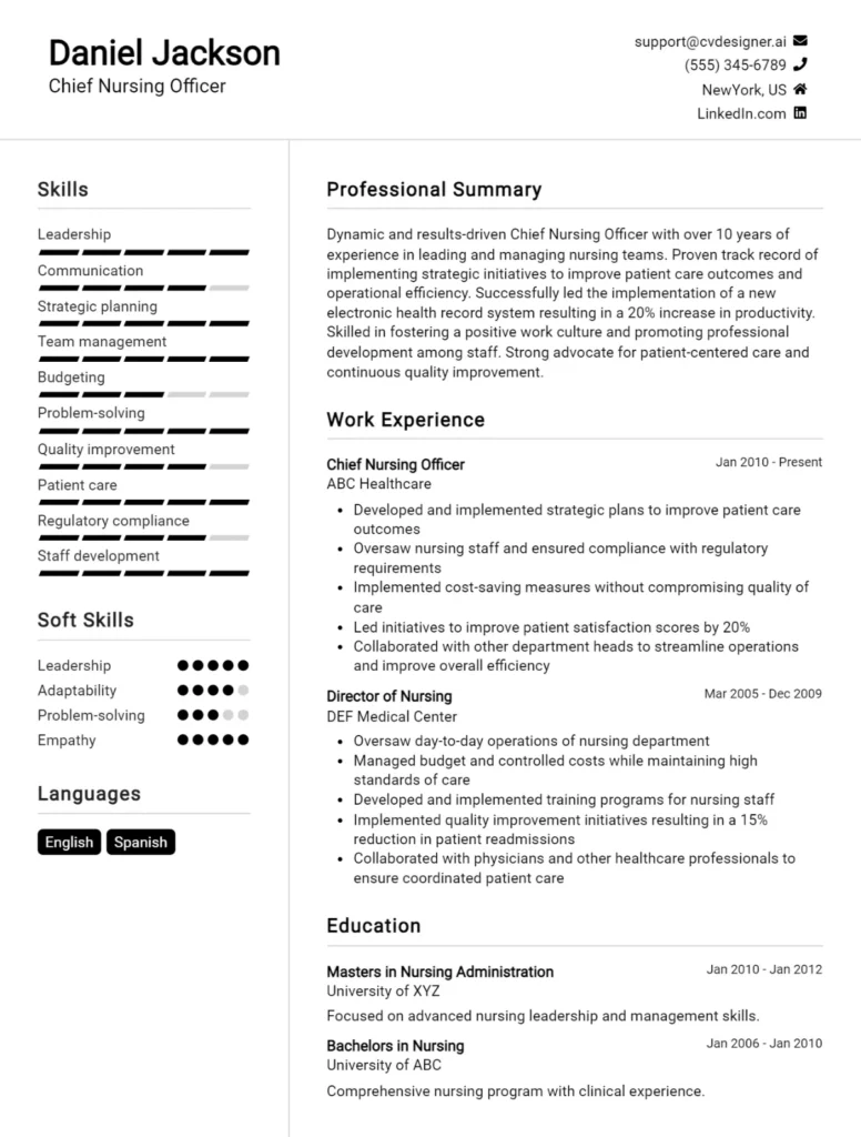 Chief Nursing Officer CV Example