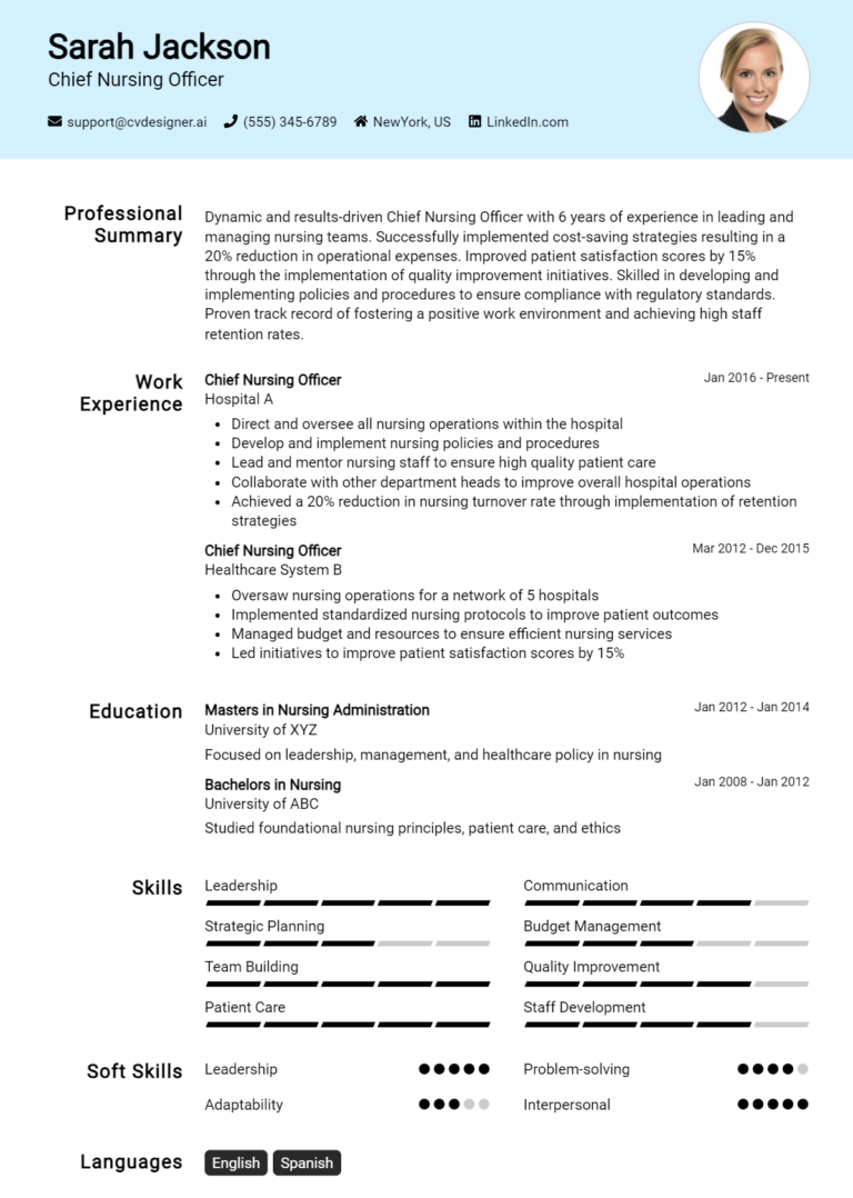 Chief Nursing Officer Resume Example for 2025: Best Writing Guide