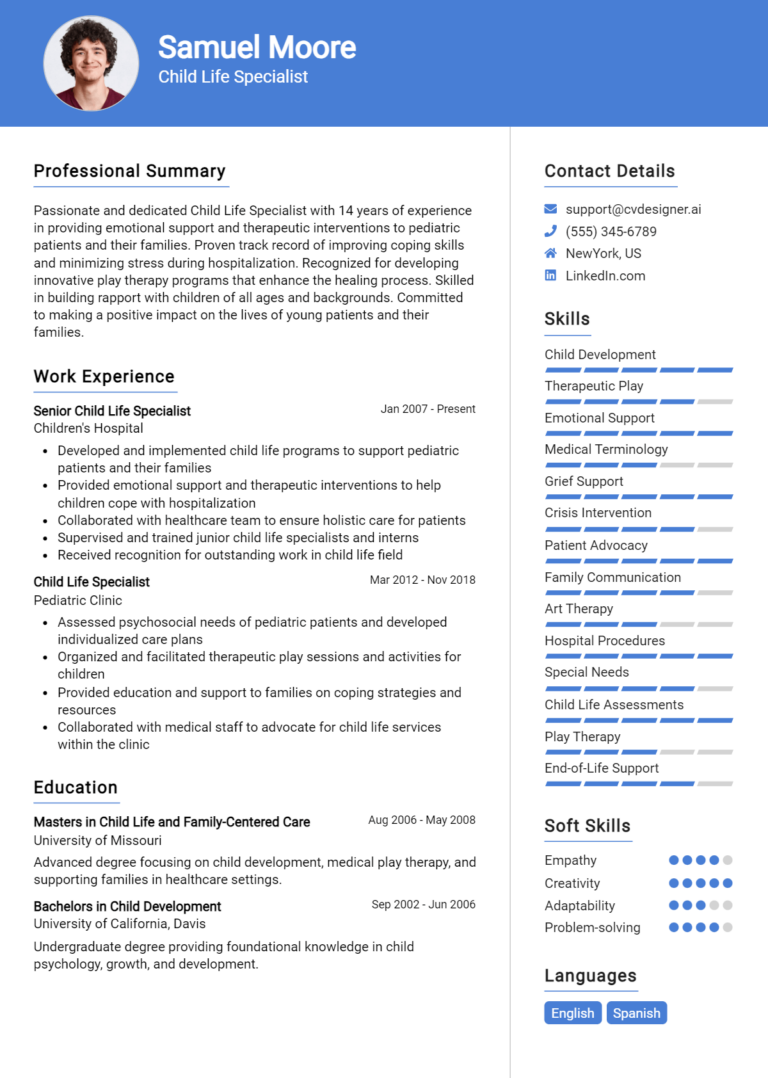 Child Life Specialist Resume Example for 2025: Top CV Skills