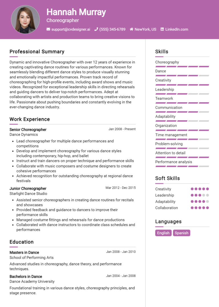 Choreographer Resume Example for 2025: Best Writing Guide
