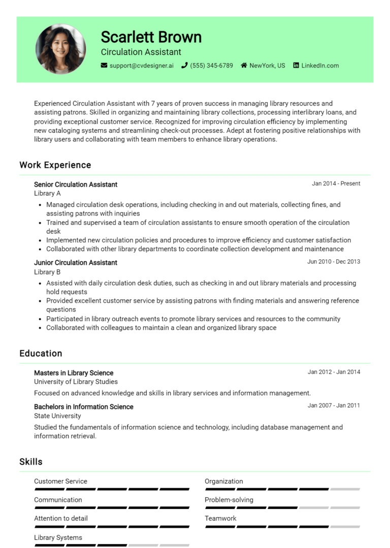 Circulation Assistant Resume Example for 2025: Free Professional Templates