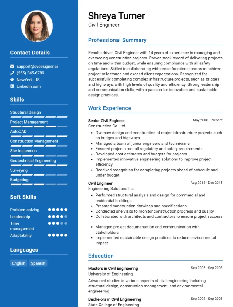 5 Civil Engineer CV Examples And Templates For 2025: Free Downloadable