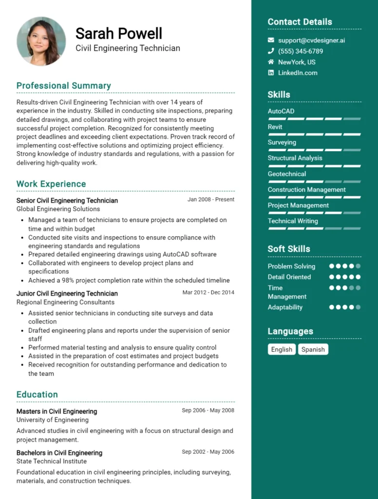 Civil Engineering Technician CV Example