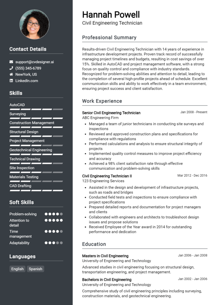 Civil Engineering Technician Resume Example