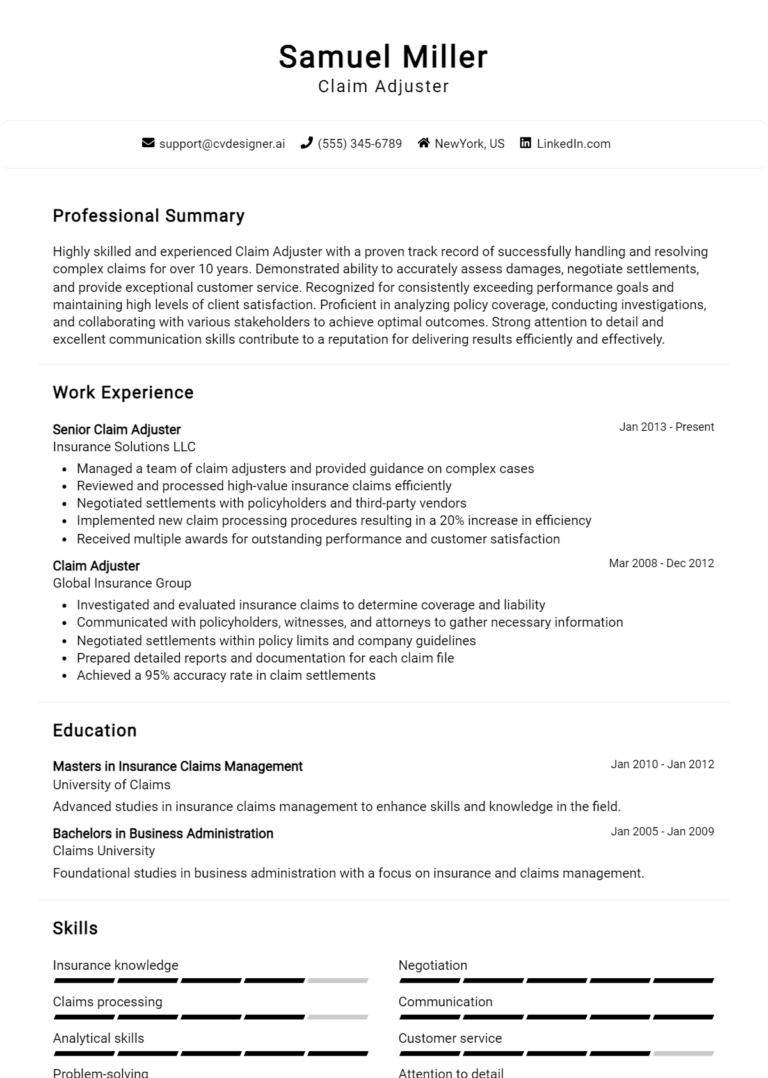 Claim Adjuster Resume Example for 2025: Effective CV Writing Tips