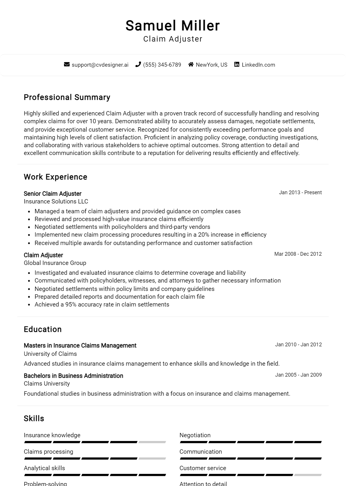 Claim Adjuster Resume Example