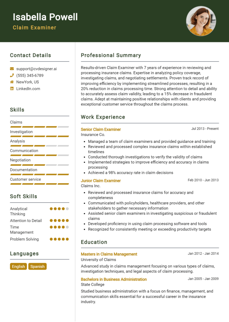 Claim Examiner Resume Example for 2025: How to Craft a Winning CV
