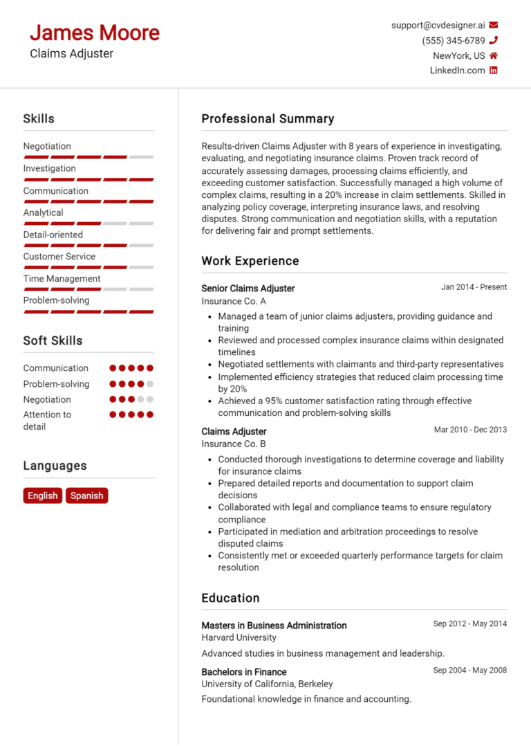 Claims Adjuster Resume Example for 2025: Top CV Skills