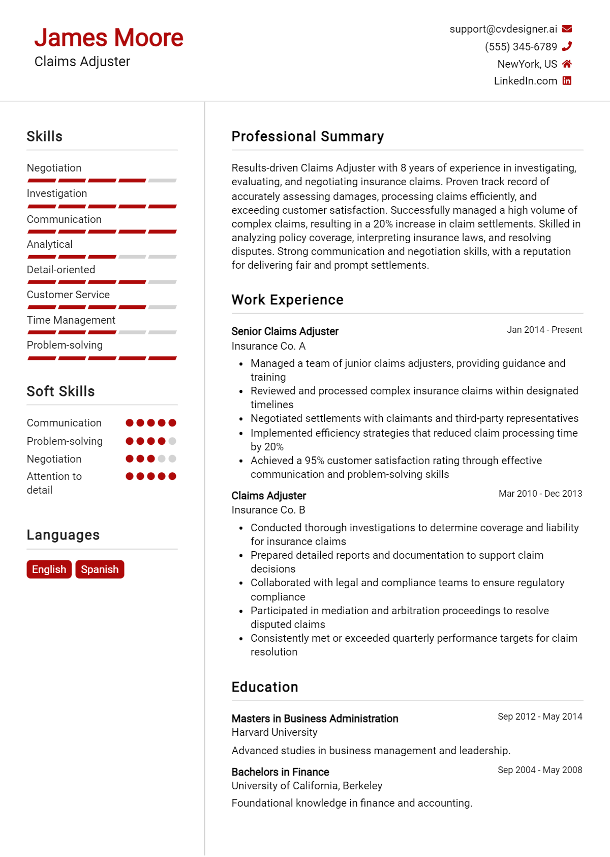 Claims Adjuster Resume Example