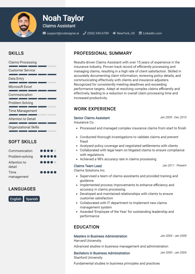 Claims Assistant Resume Example for 2025: Tips & Templates
