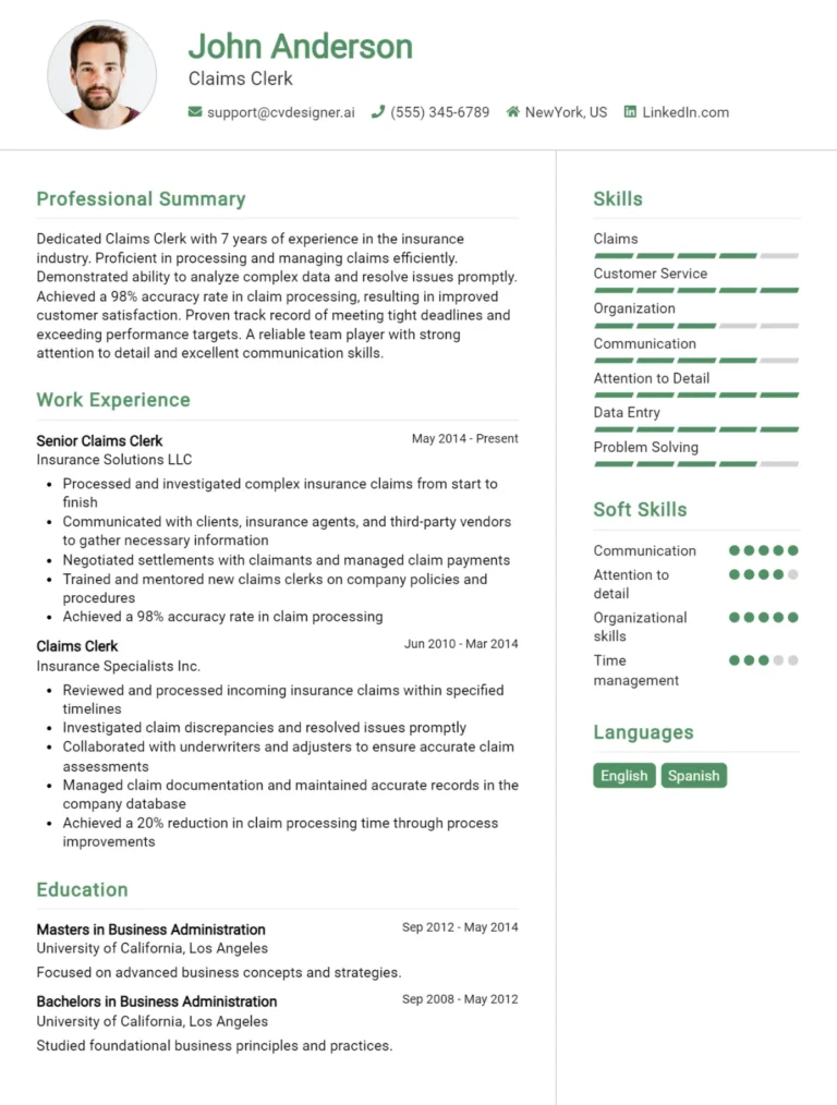 Claims Clerk CV Example For 2025: Free Professional Templates