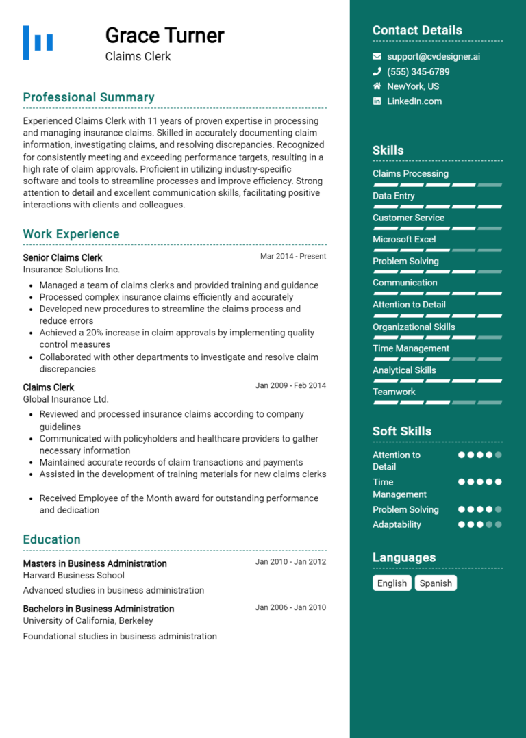 Claims Clerk Resume Example for 2025: Top CV Skills