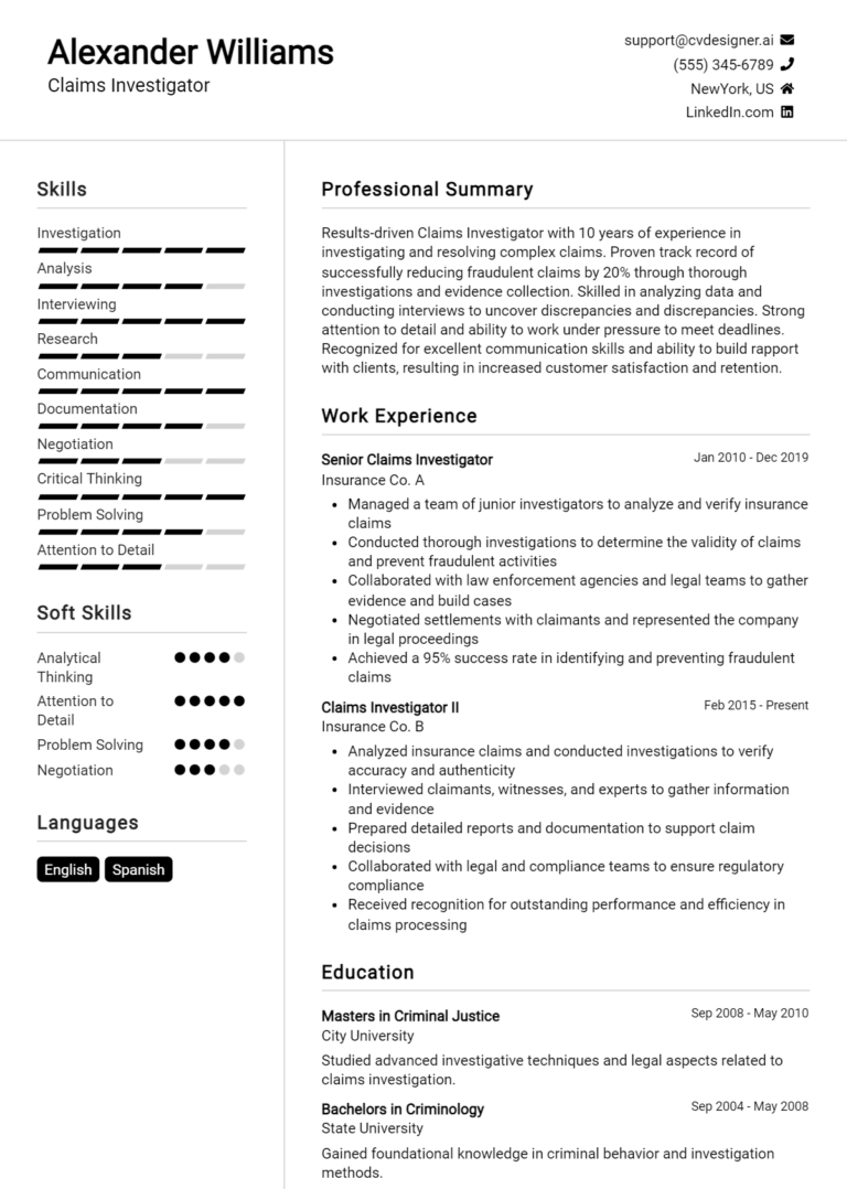 Claims Investigator Resume Example for 2025: Free Downloadable Templates