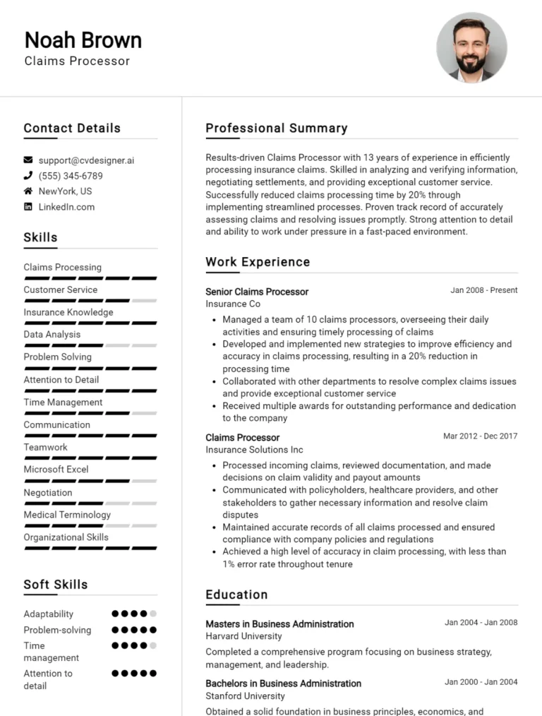 Claims Processor CV Example For 2025: Professional CV Templates