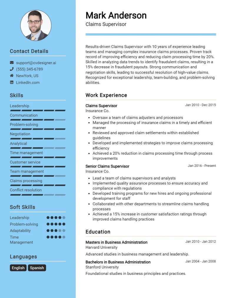 Claims Supervisor CV Example For 2025: How to Create a Professional CV
