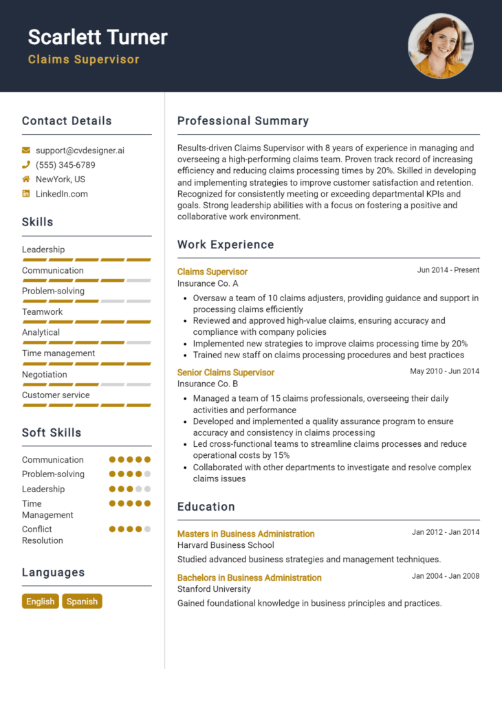 Claims Supervisor Resume Example for 2024: Ultimate Guide - CVDesigner.ai