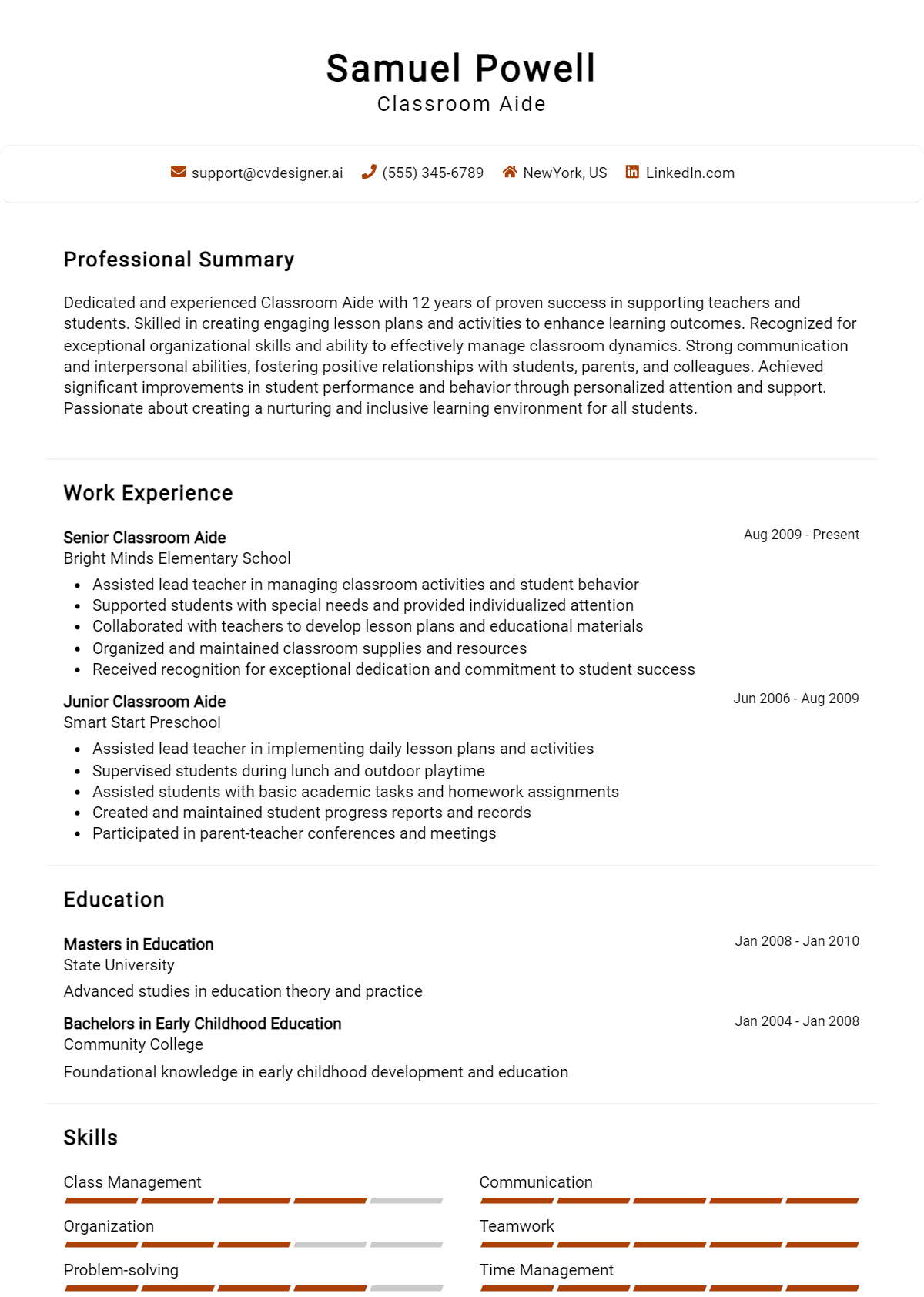 Classroom Aide Resume Example