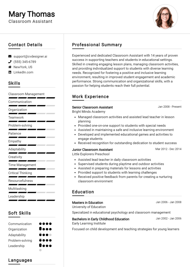 Classroom Assistant Resume Example for 2025: Effective CV Writing Tips