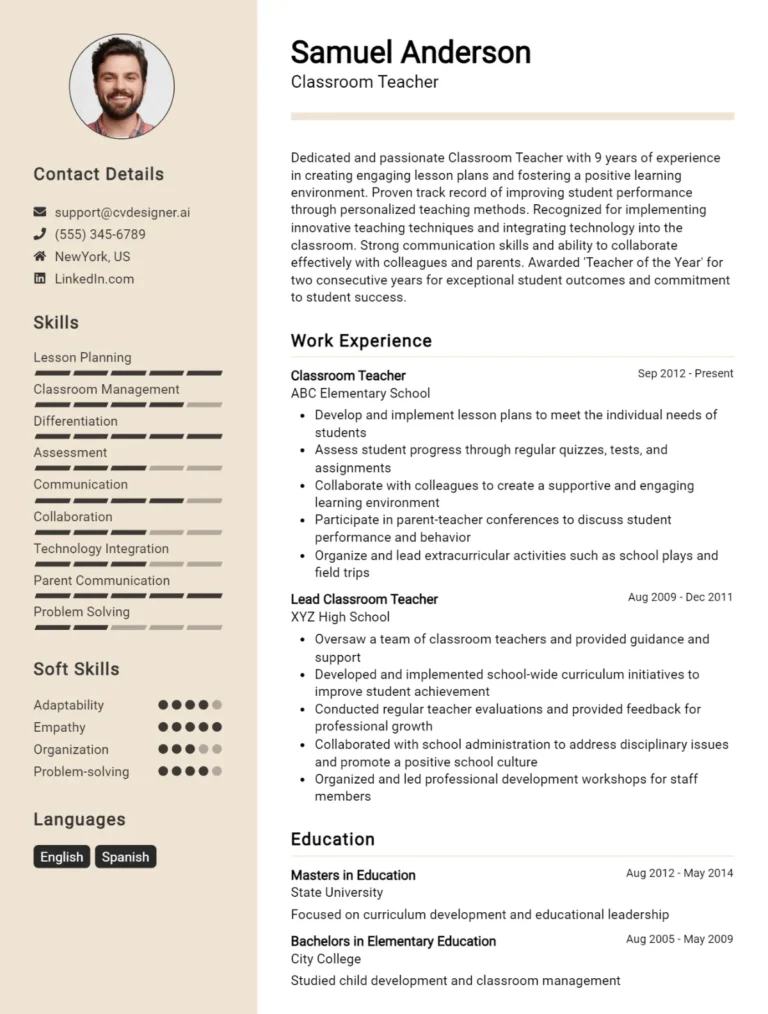 Classroom Teacher CV Example For 2025: Top Tips & Samples