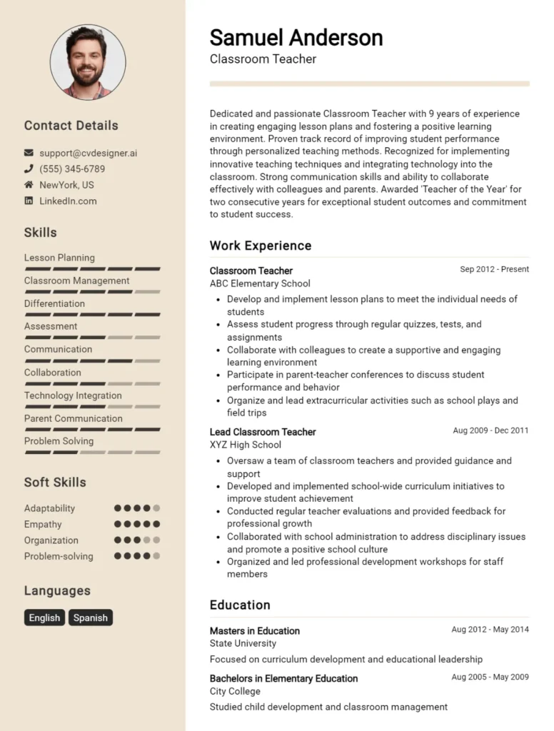 Classroom Teacher CV Example