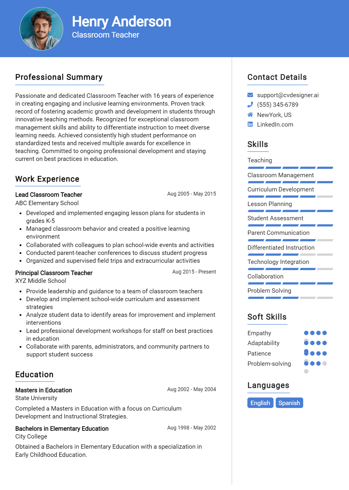 Classroom Teacher Resume Example